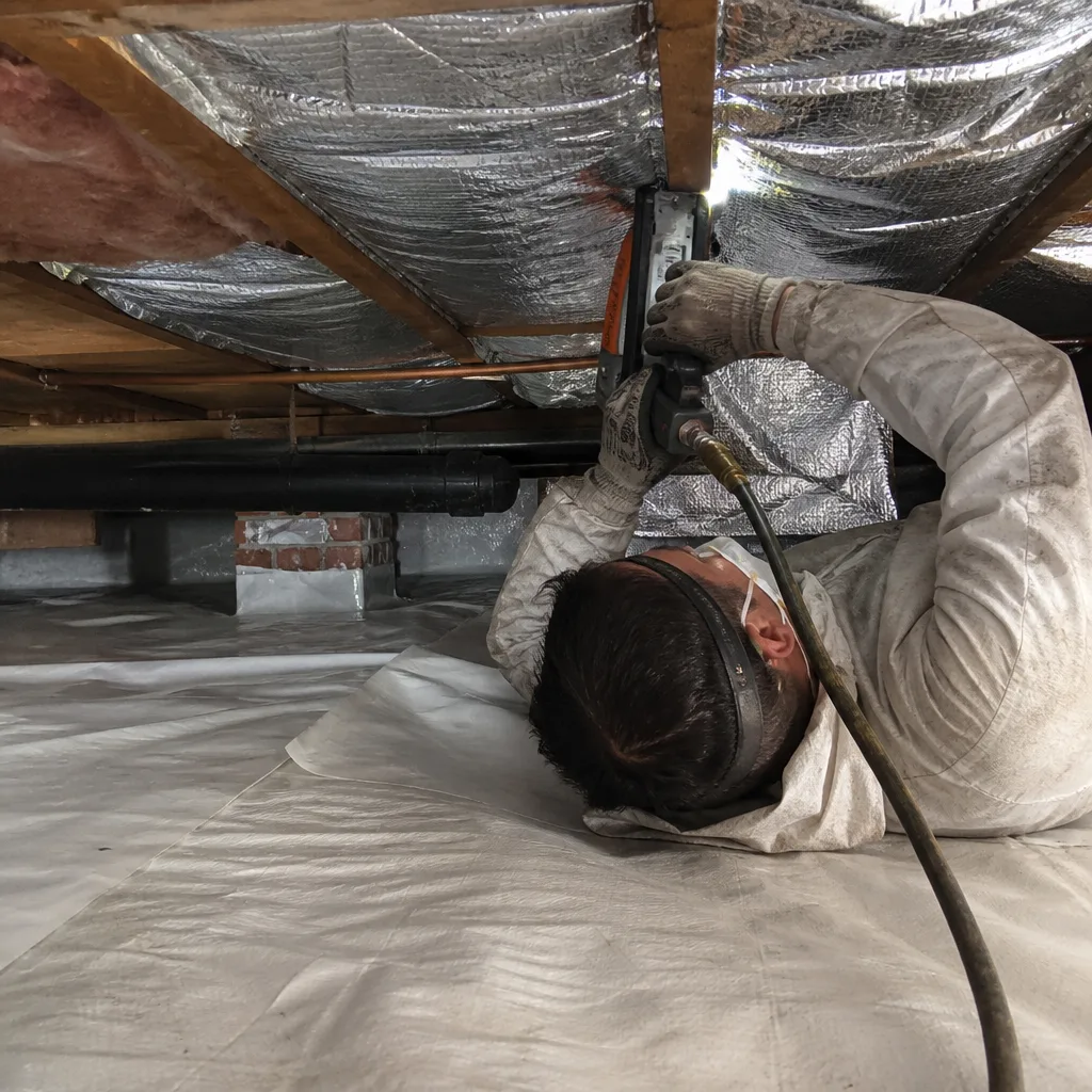 Technician performing crawl space encapsulation and vapor barrier installation.