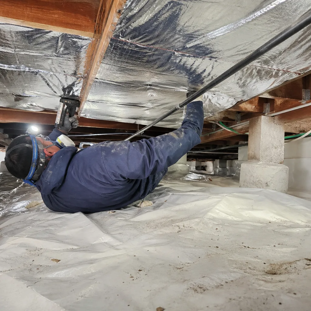 Technician performing professional crawl space encapsulation with vapor barrier and insulation