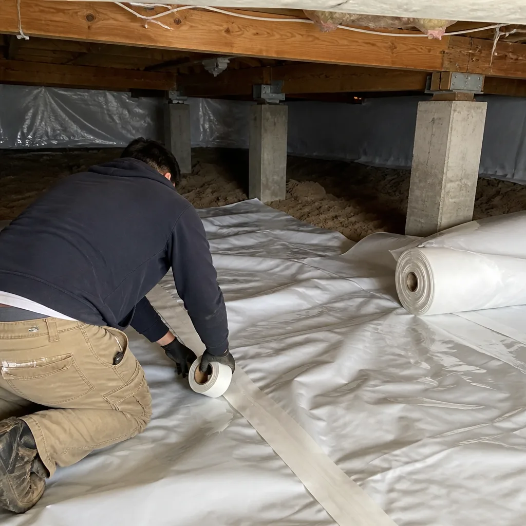 Contractor installing professional crawl space vapor barrier for moisture control