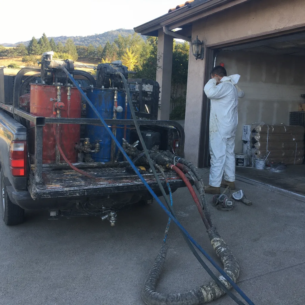 Technician in protective coveralls preparing professional spray foam insulation equipment